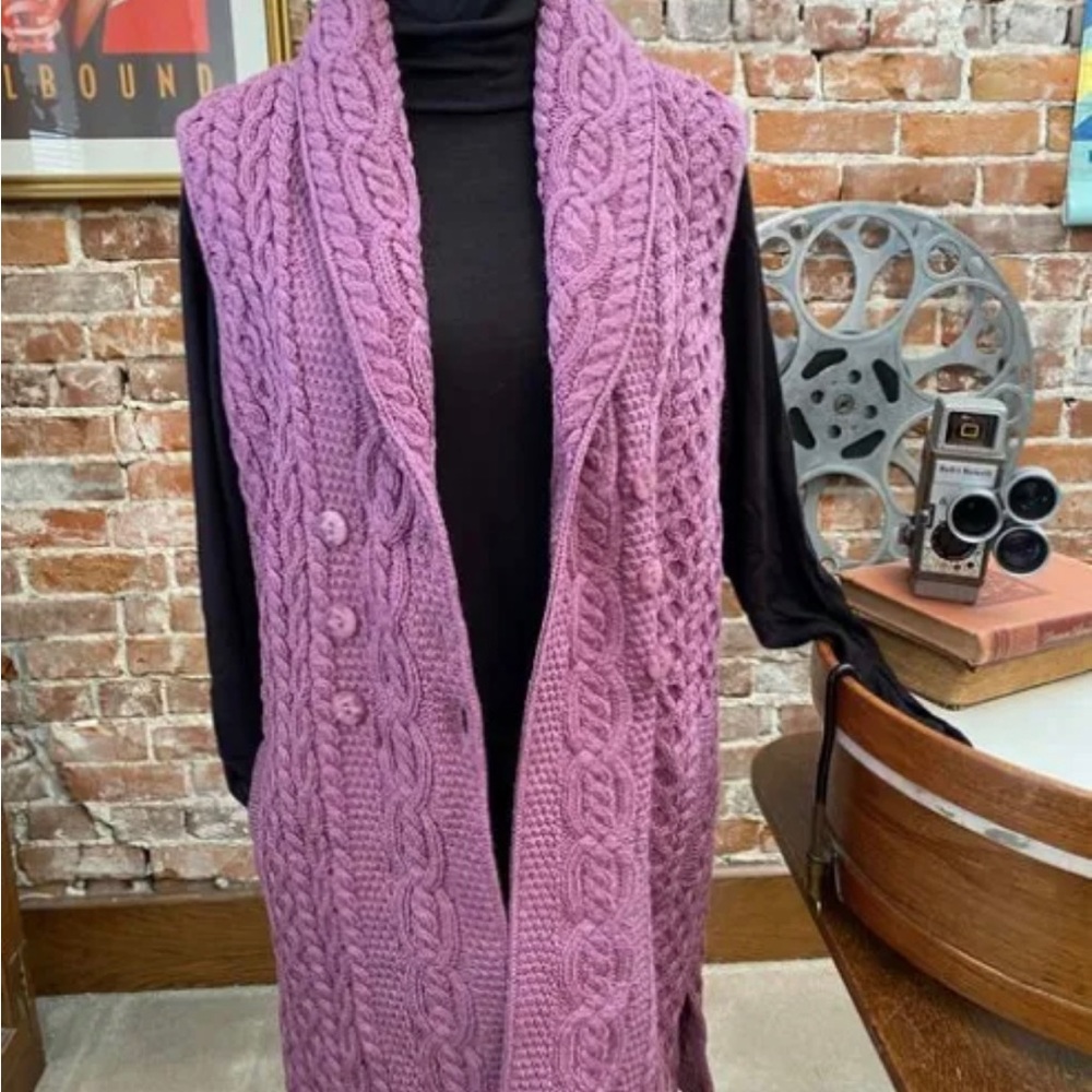 Aran Craft Plum Merino Wool Button Vest Cable Sweater New